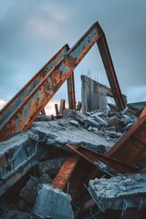 Fototapeta premium Rusty steel beams and shattered concrete piles amid a stormy sky showcase the aftermath of a collapsed building, symbolizing urban decay and destruction.