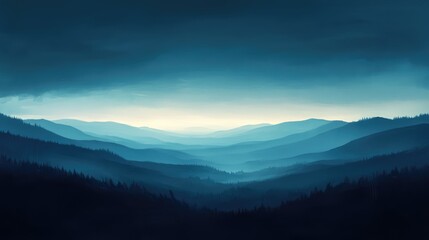 Fototapeta premium A moody twilight sky with dark blue tones and a soft glow on the horizon, casting long shadows across a peaceful landscape