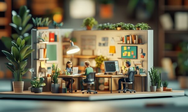 Miniature office scene with three people working.