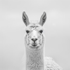 Obraz premium Serene Black and White Portrait of a Llama Against a Soft Gray Background, Capturing the Animals Calm Expression and Unique Features.