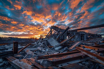 Fototapeta premium Stunning Sunset Over Ruins: Dramatic Skies Illuminate the Remains of a Collapsed Structure Amidst a Chaotic Landscape of Debris and Remnants.