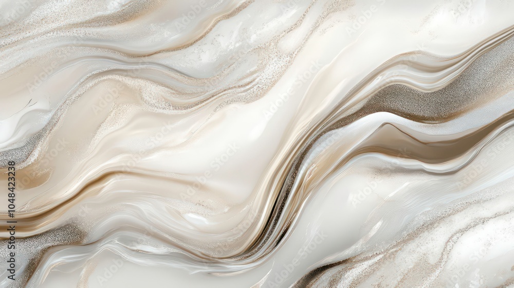 Poster abstract swirling pattern of white and beige, resembling marble or liquid paint, creating a smooth a