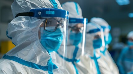 Confident medical team in protective gear prepares for surgery in a modern hospital operating room