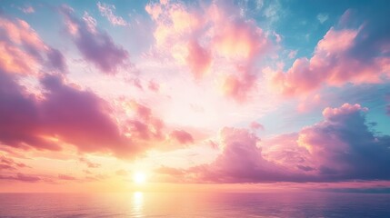 Fototapeta premium A peaceful golden hour sky with soft pink and gold hues, casting a warm glow over the landscape as the sun dips below the horizon
