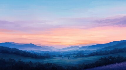 A peaceful pastel sky at dawn with subtle tones of peach, lavender, and sky blue blending seamlessly over a quiet landscape