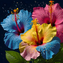  two hibiscus flowers with a vivid mix of blue, pink, and yellow petals