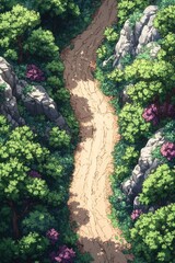 A serene pathway through lush greenery and rocky terrain, inviting exploration and adventure.