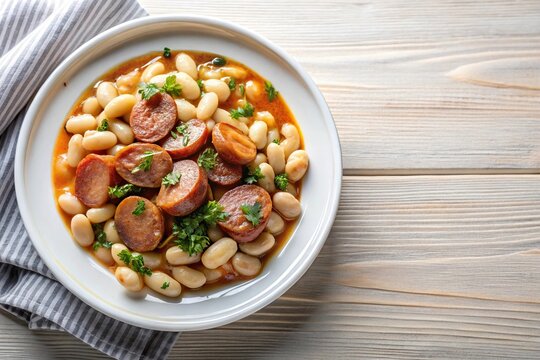 Traditional Portuguese pork tripe stew with white beans and smoked sausages served on a white table flat lay macro shot
