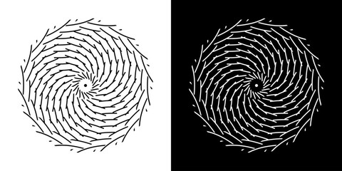 Abstract background with abstract line pattern in circles. Spiral art design as a logo or icon. A black figure on a white background and the same white figure on a black side. Mandala design with line