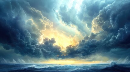 Fototapeta premium A post-storm sky with heavy, dark clouds beginning to part, revealing bright sunlight breaking through and casting dramatic shadows