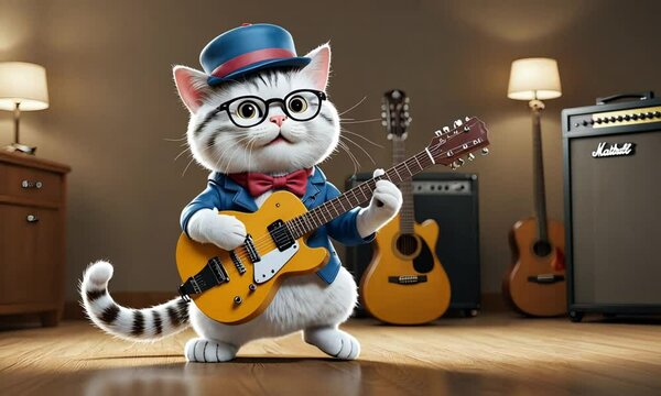 Cartoon cat with glasses and hat playing electric guitar in cozy indoor music studio with instruments