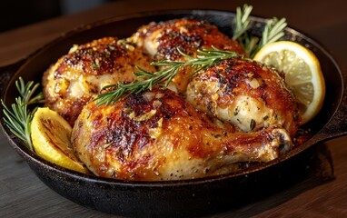 Golden-brown roasted chicken with fresh herbs and lemon slices in a cast iron skillet on a rustic wooden table