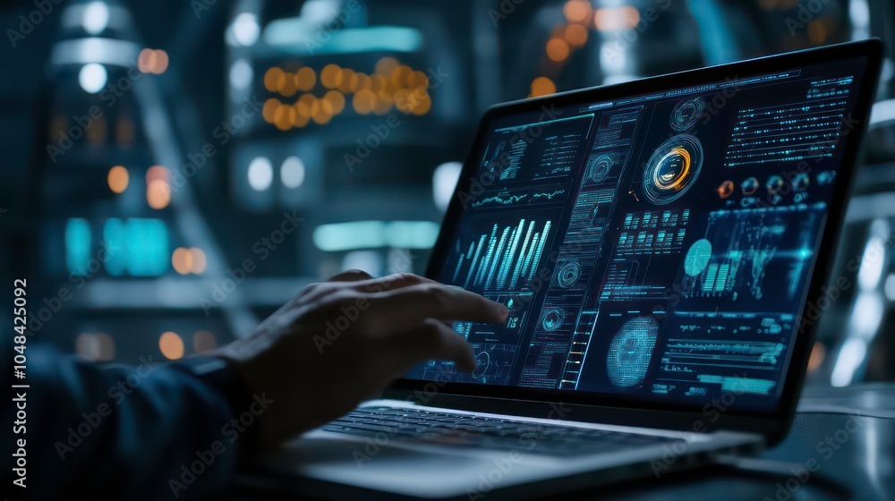 Poster A person's hand pointing at a laptop screen with futuristic data on the screen in a futuristic setting.