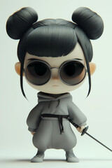 A cute little girl with black hair, Olympic Fencing athletes, wearing boxing outfit and sunglasses, chibi-style character design