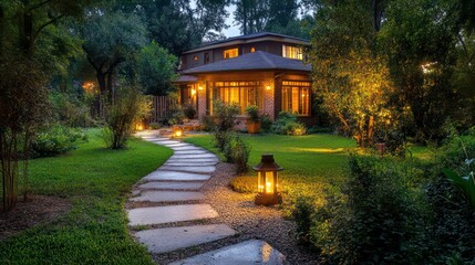 A modern, single-story home with a stone path leading to the front door. The home is surrounded by lush greenery and illuminated by warm, ambient lighting.