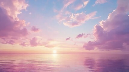Fototapeta premium A serene pastel sky at sunrise, blending soft pinks, purples, and blues over a calm horizon with delicate clouds scattered above