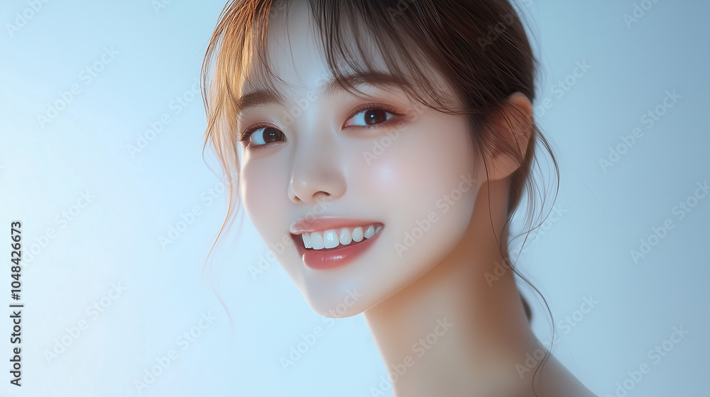 Aufkleber 美肌の若くてかわいいアジア人女性モデル。輝く笑顔の美容ポートレート。