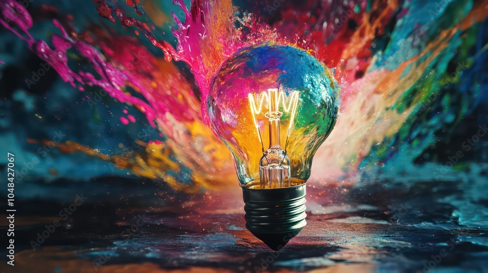 Poster a glowing light bulb surrounded by an explosion of colorful paint.