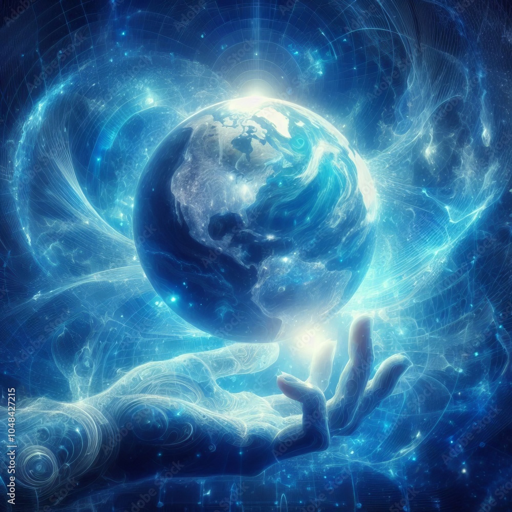 Poster hand reaching toward a digital screen holding a glowing globe with a world map background showing gl