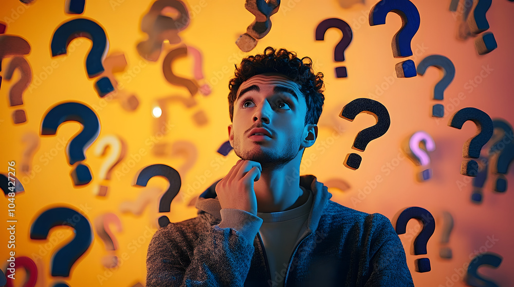 Poster young man is looking for a solution and is surrounded by many question marks
