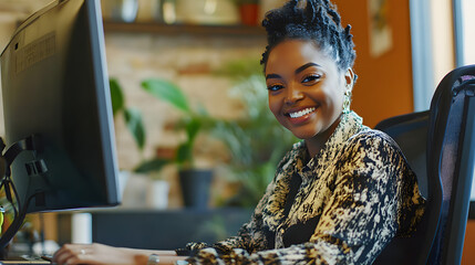 Happy gay african american woman in wheelchair working at computer in an inclusive 