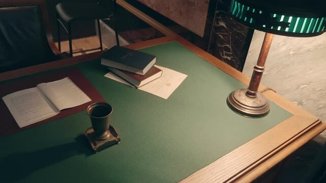 An old-fashioned desk with a lamp, books, a rotary phone, a folder with documents and pens for writing. A leather chair is nearby. Shot in motion
