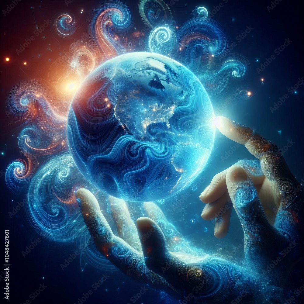 Poster hand reaching toward a digital screen holding a glowing globe with a world map background showing gl