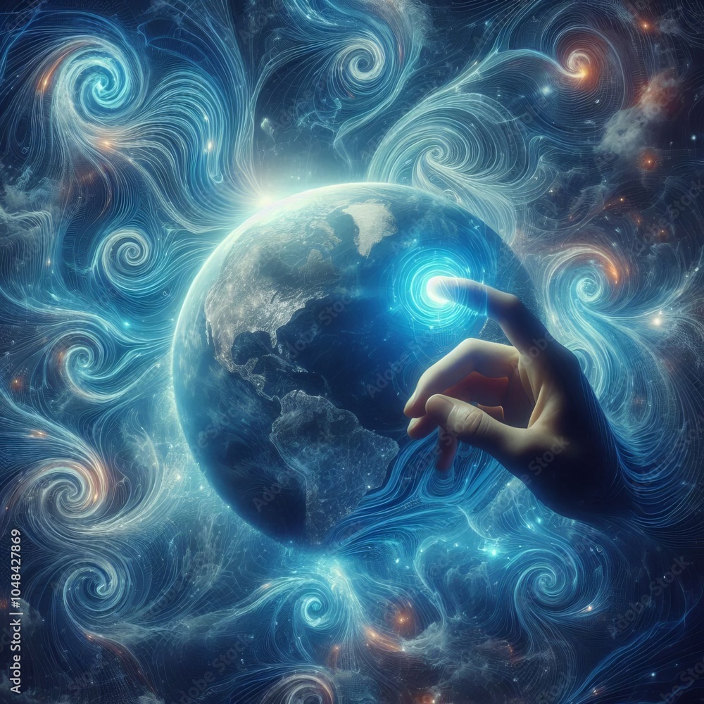 Poster hand reaching toward a digital screen holding a glowing globe with a world map background showing gl