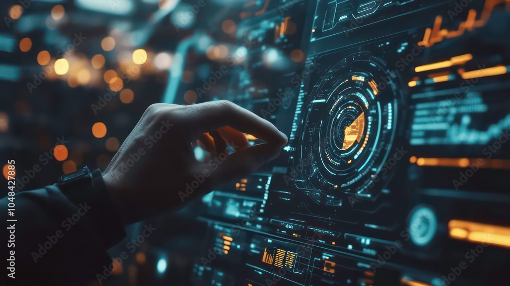 Poster A hand interacts with a futuristic digital interface displaying complex data and information.
