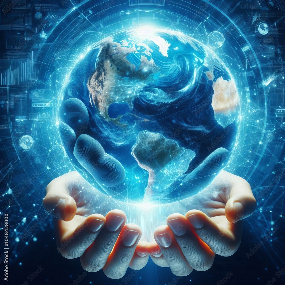 Poster hand reaching toward a digital screen holding a glowing globe with a world map background showing gl