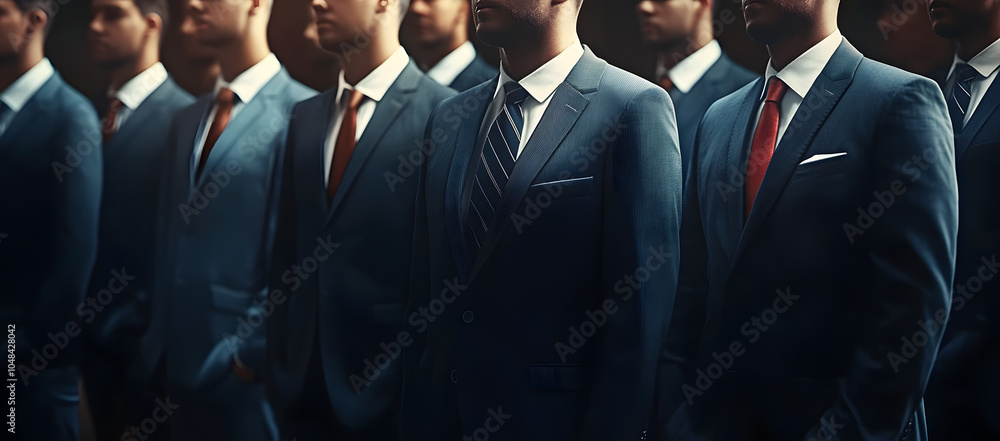 Poster a group of men in suits and ties standing in a row in front of a wall of other men in suits and ties