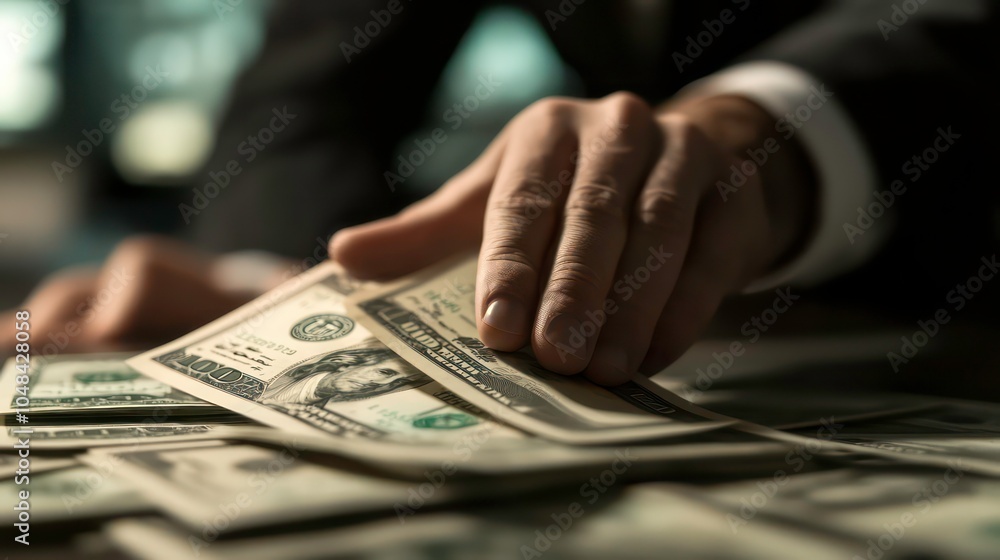 Aufkleber a man's hand reaches for a stack of us dollar bills on a table.