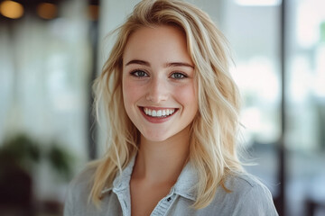 young woman with blonde hair smiles warmly, showcasing her cheerful personality in bright, modern setting. Her casual attire complements relaxed atmosphere