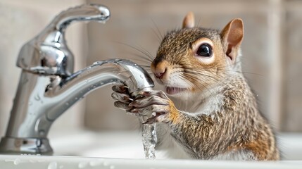 Adorable Squirrel Gripping a Faucet with Running Water in a Humorous and Cute Close-Up Moment
