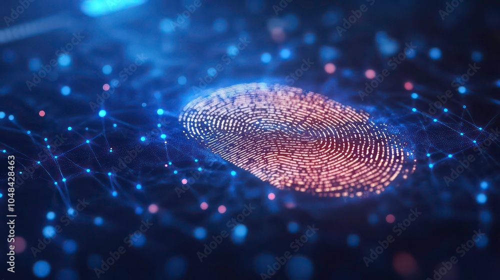 Leinwandbilder A digital fingerprint, glowing and connected to a network of data points, symbolizing digital security, authentication, and identity.