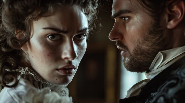 Dramatic Close-Up of Two Historical Figures in Period Costume, Intense Emotions and Tension