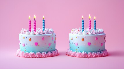 Two birthday cakes with candles on a pastel pink background