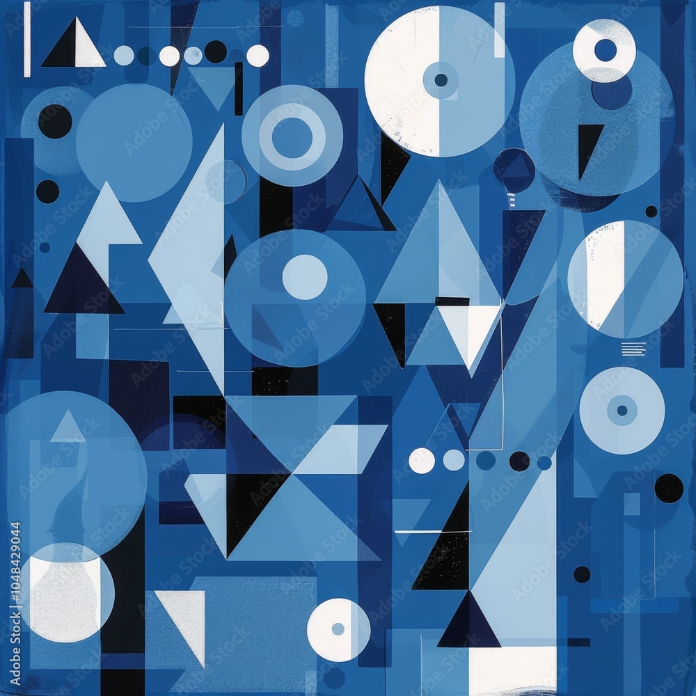 Poster abstract blue geometric pattern: a dynamic composition of circles, triangles, and arrows in varying 