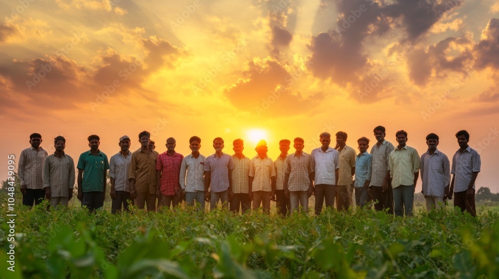 Poster A group of men stand in a field with the sun setting behind them