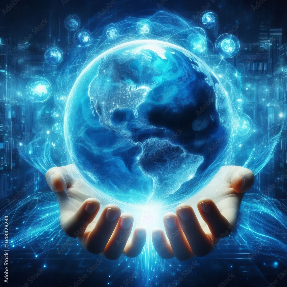 Poster hand reaching toward a digital screen holding a glowing globe with a world map background showing gl
