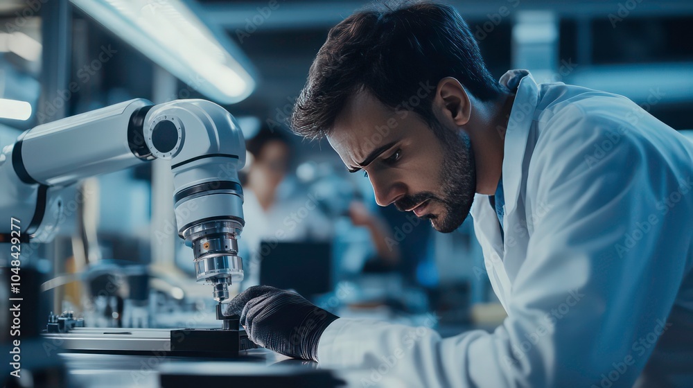 Poster a young engineer in a white lab coat and black gloves works on a robotic arm in a factory setting.