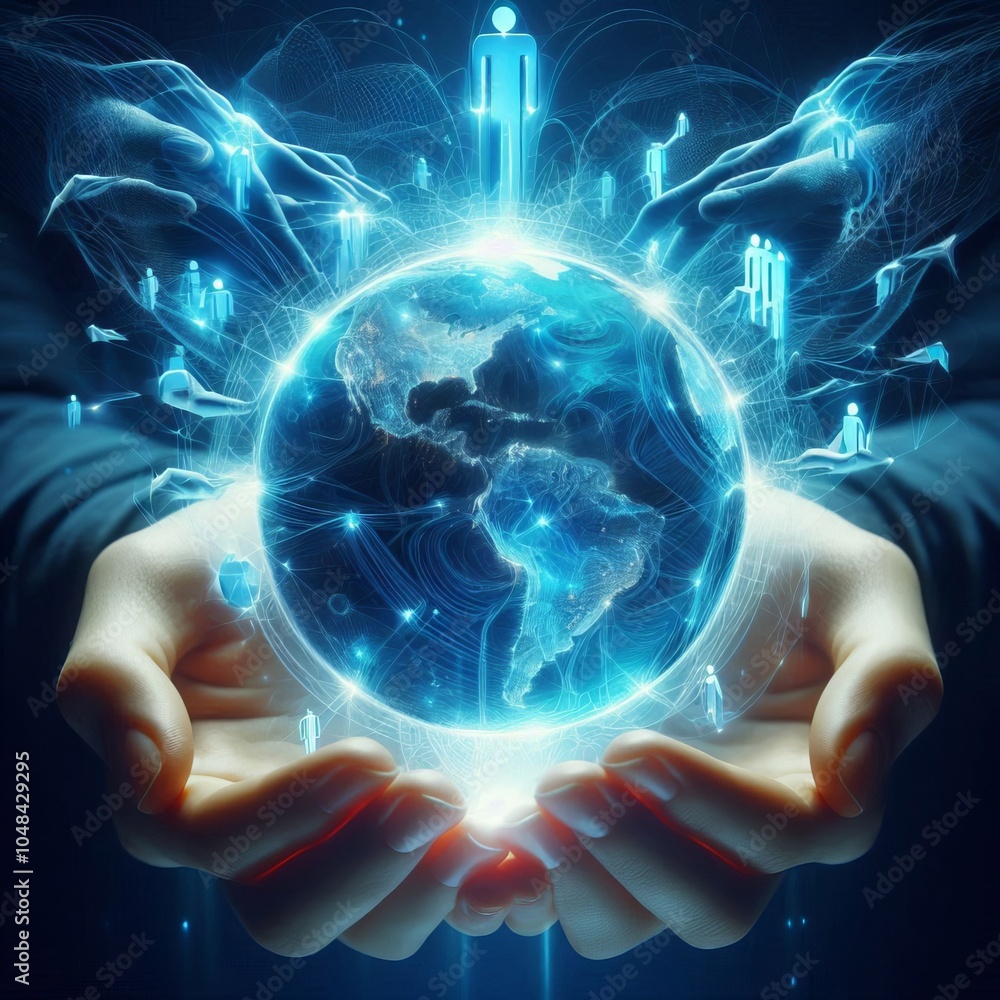 Poster hand reaching toward a digital screen holding a glowing globe with a world map background showing gl