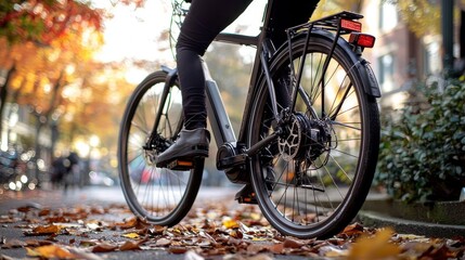 Fototapeta premium Cyclist riding an electric bike in an autumn setting