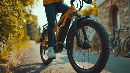 Fototapeta premium Person riding an electric bike on a sunny path