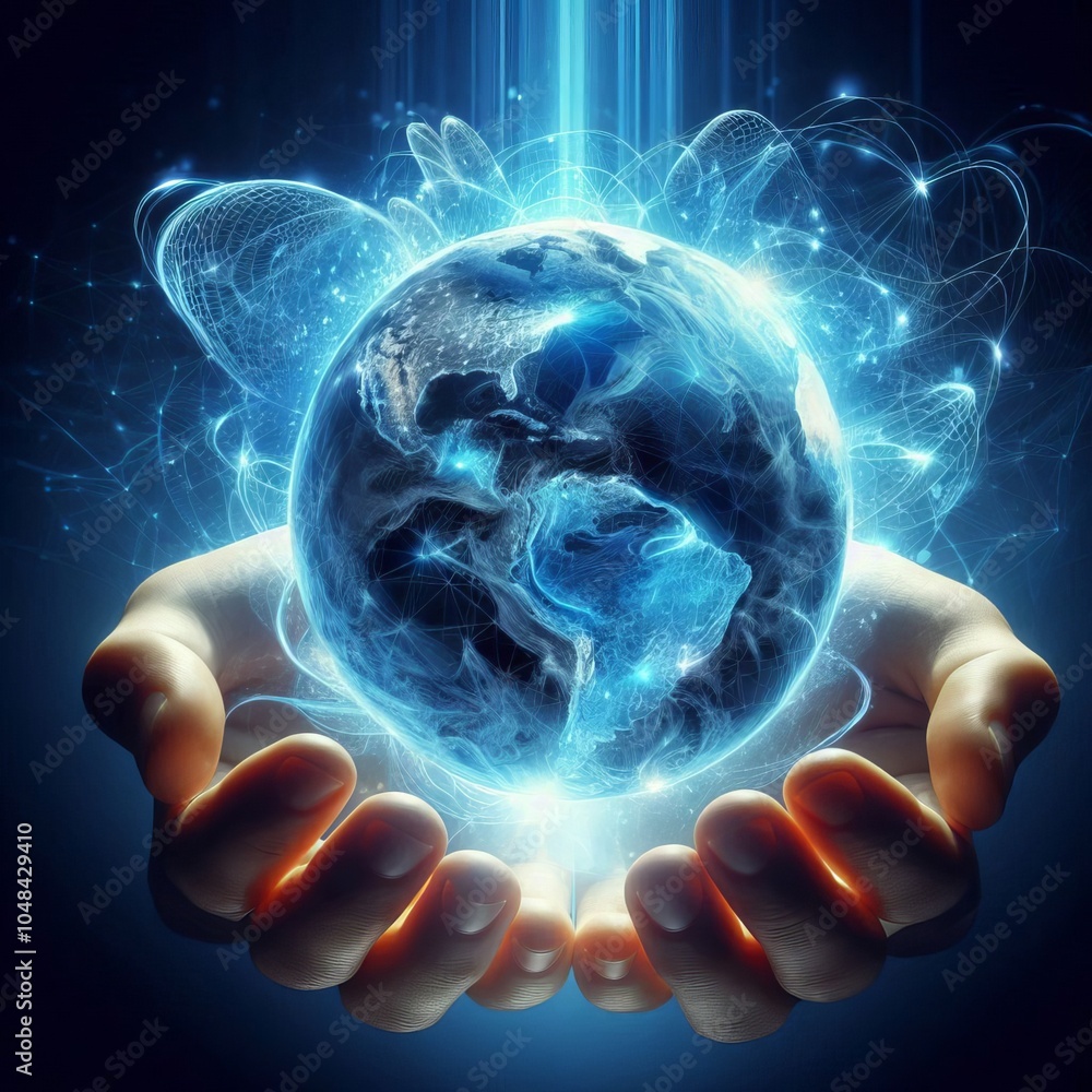 Poster hand reaching toward a digital screen holding a glowing globe with a world map background showing gl