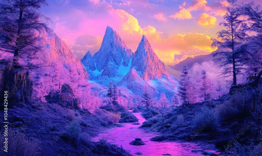 Poster a beautiful mountain range with a river running through it