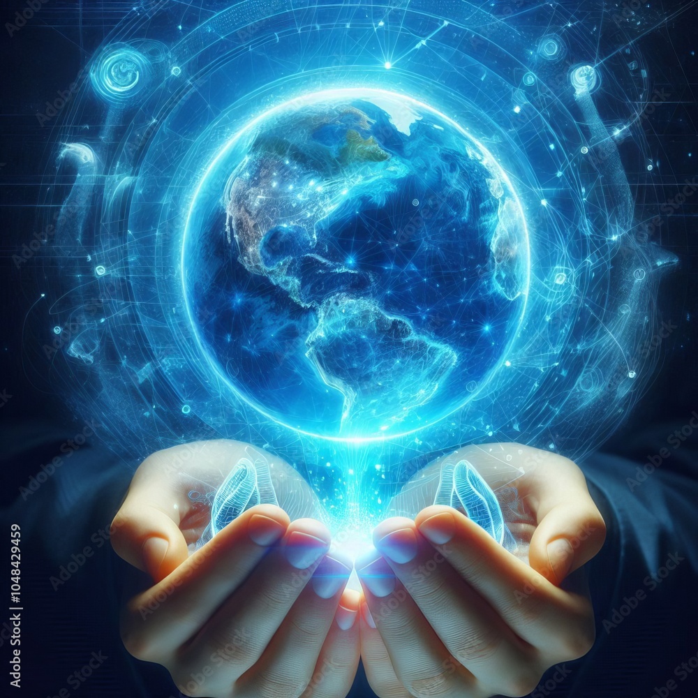 Poster hand reaching toward a digital screen holding a glowing globe with a world map background showing gl