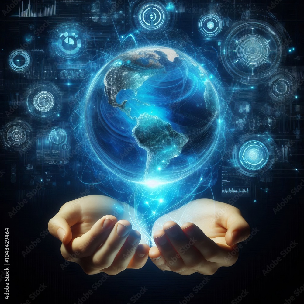 Poster hand reaching toward a digital screen holding a glowing globe with a world map background showing gl