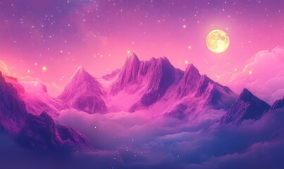 A mountain range with a pink sky and a full moon