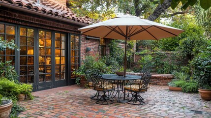 Obraz premium Backyard dining area on a brick patio, complete with umbrella and chairs.